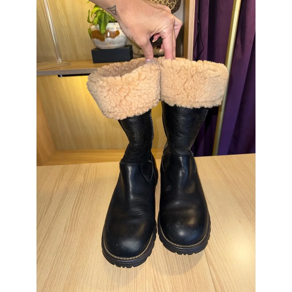 UGG Australia Women Black Leather Shearling Lined Tall Winter Boots Size 10